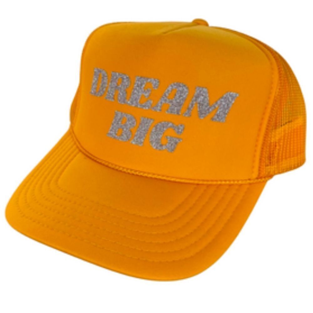 DREAM BIG Trucker Hat Yellow.& Silver Glitter Font BRAND NEW Snap Back